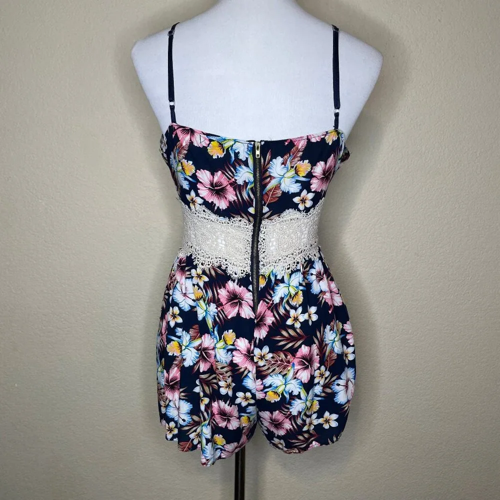 MAZE Tropical Floral Romper Lace Waist XL Navy Blue